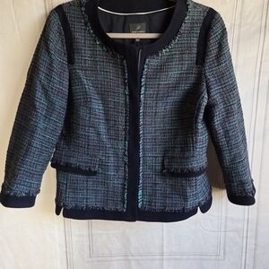 Adrianna Papell Navy and Teal Tweed Collarless Jacket